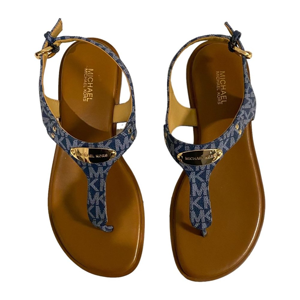 Michael Kors Signature MK Logo Plate Denim Thong/Sandals Women's Size 7